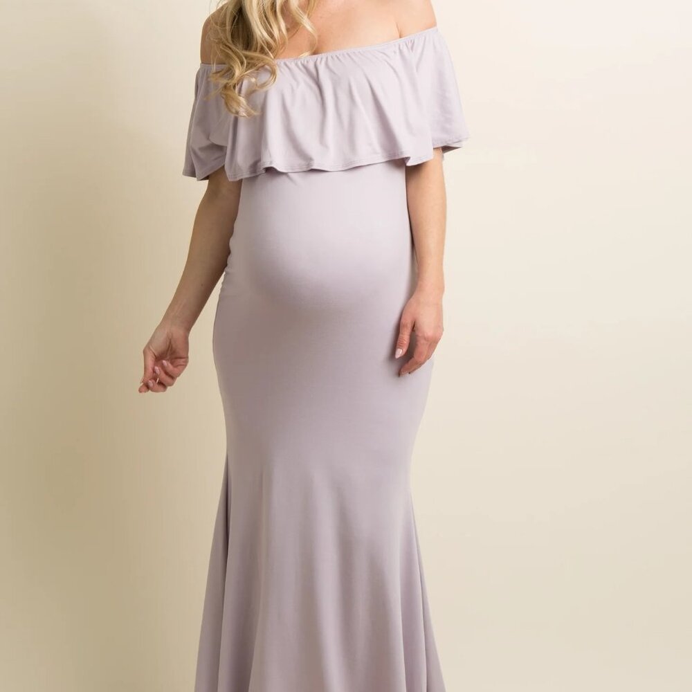 NWT! PinkBlush Lavender Ruffle Off Shoulder Mermaid Maternity Gown/Dress